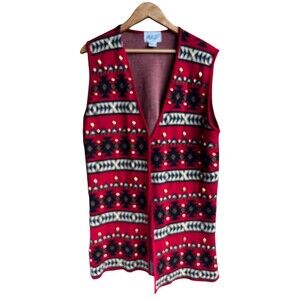 Vintage AKF Wool Blend Cardigan Duster LARGE Aztec Knit Boho Southwest Red Beads